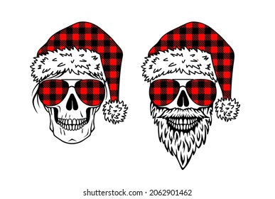 Funny Christmas print with skulls in santa hats. Sarcastic design. Couple family print. Male and female skull wearing aviator glasses with plaid pattern.