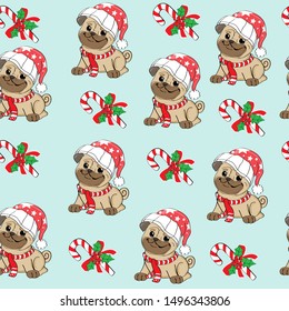 Funny christmas pug in santa claus hat on a blue background seamless pattern