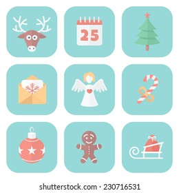 Funny Christmas Quiet Colors Icons in Flat Style on Round Squares