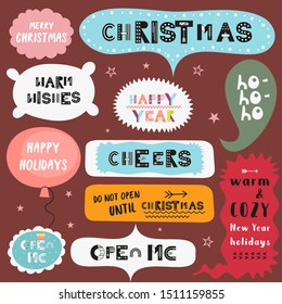 Funny Christmas quotes set. Cute xmas stickers. Great for gifts, greeting card design, sweater prints. Vector illustration.