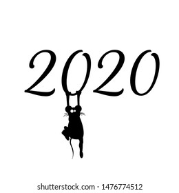 Funny christmas rat hanging on a number 2020. Design template for flyers, poster, card, brochure, banner and calendar.Symbol of new year, vector illustration EPS 10 isolated