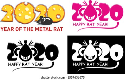 Funny christmas rat. Template of the rat - image of the symbol of the year 2020. A funny rat or mouse with a long tail. Figures number year made of cheese. Illustration, vector
