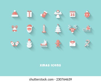 Funny Christmas Red-White Icons in Flat Style with Long Shadows on Blue Background