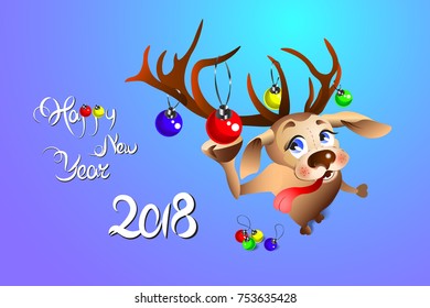 Funny Christmas reindeer adorns herself with balls. Happy new year 2018