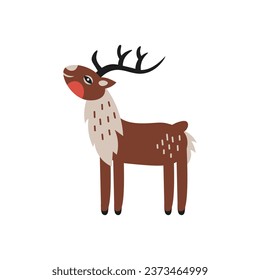 Funny Christmas Reindeer art. Cute vector illustration of deer in Scandinavian minimalistic style for holiday design, kids, greeting card, t shirt, print 