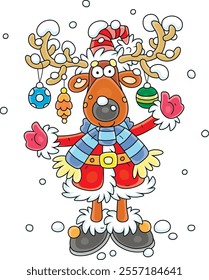 Funny Christmas reindeer with decorated branched horns, covered with snow, wearing holiday clothes of Santa Claus, friendly smiling and waving in greeting, vector cartoon illustration