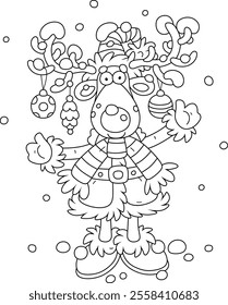 Funny Christmas reindeer with decorated branched horns, covered with snow, wearing holiday clothes of Santa Claus, friendly smiling and waving in greeting, vector cartoon illustration