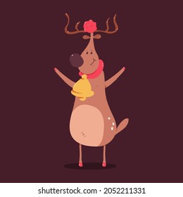 Funny Christmas reindeer with gold bell vector cartoon illustration isolated on background.