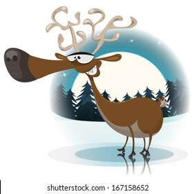 Funny Christmas Reindeer/ Illustration of a cartoon funny happy christmas reindeer character, on a moonlight winter background with firs and pine trees landscape