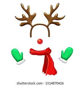 Funny christmas reindeer mask with antlers headband, red nose, scarf and mittens isolated on white background. reindeer face template. xmas costume. Christmas and New Year photo booth and props