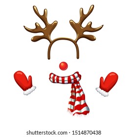 Funny christmas reindeer mask with antlers headband, red nose,striped scarf and mittens isolated on white background. reindeer face template. xmas costume. Christmas and New Year photo booth and props