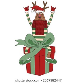 Funny christmas Reindeer on the christmas gift box. Vector Reindeer template design isolated white background. Flat Reindeer for brochure cover design t-shirt print. EPS10