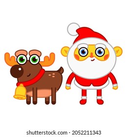 Funny Christmas reindeer with Santa Claus vector cartoon character isolated on a white background.