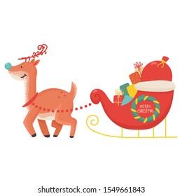 Funny Christmas reindeer with sleigh and gifts vector cartoon illustration isolated on a white background.