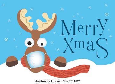 Funny christmas reindeer wishing  wearing mask Merry Xmas