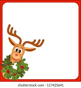 funny christmas reindeer with wreath of holly, vector illustration