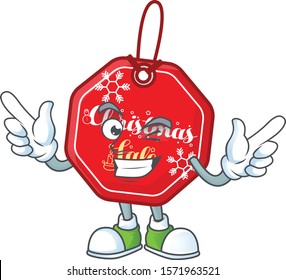 Funny christmas sale tag cartoon character style with Wink eye