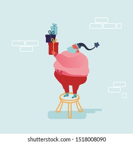 Engraçado Papai Noel Natal em estilo plano. Conjunto de Papai Noel dando presentes, preparando presentes. Personagens festivos para cartão de Natal, design, papel. Ilustração vetorial