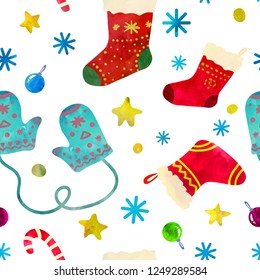 Funny Christmas seamless pattern. Cartoon vector illustration. Watercolour imitation.