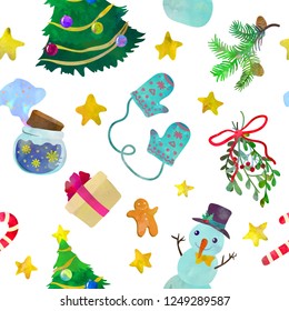 Funny Christmas seamless pattern. Cartoon vector illustration. Watercolour imitation.