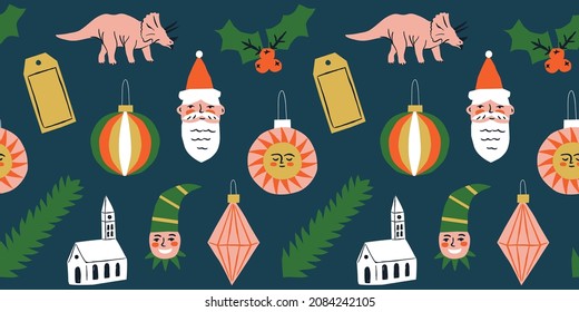 Funny christmas seamless pattern cartoon. Quirky xmas season illustration for holiday celebration. Flat retro style drawing of santa claus, pine tree and holly ornaments.