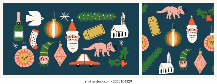 Graciosas navidades sin fisuras en el juego de dibujos animados. Quirky navidad colección de ilustraciones de la temporada para la celebración de las fiestas. Dibujo de estilo retro plano de santa claus, pino y adornos holly.
