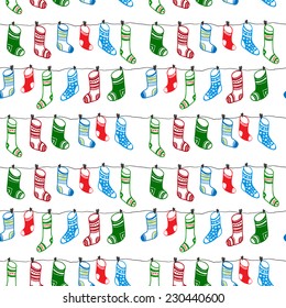 Funny Christmas seamless pattern. Christmas cute garland of knitted letters, socks. In doodles hand draw style.