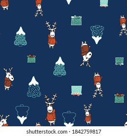 Funny christmas seamless pattern with deer in a sweater, present and christmas tree. Christmas motives background printing on paper, textiles, fabric, wallpaper.