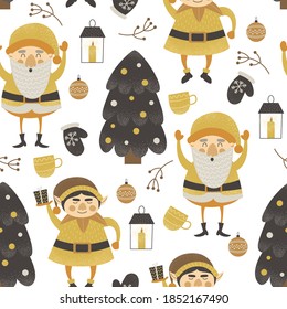 Funny christmas seamless pattern with elfs and christmas tree. Merry Christmas design set with funny characters and symbols. Cute cartoon forest elements. Vector illustration