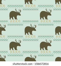Funny Christmas seamless pattern, graphic print for ugly sweater xmas party, decoration with bear and deer antlers. Fun typography quote. Stock vector background illustration. Retro design