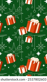 Funny Christmas seamless pattern. Many big ribbon tied gift boxes, hanging holiday glass ornaments outline icons. Santa's presents under tree. Festive elements set background. Flat cartoon winter art