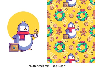 Funny christmas seamless pattern with penguins