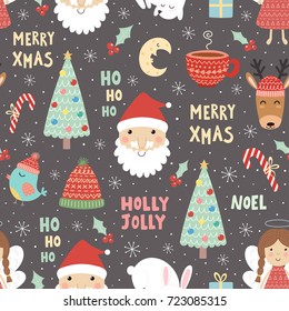 Funny Christmas seamless pattern with Santa Claus, deer, rabbit, angel, moon, bird and christmas tree. Winter holidays cute background. Vector illustration