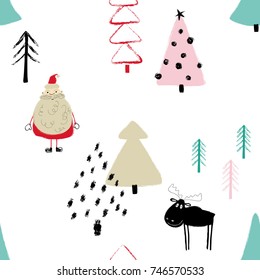 Funny Christmas seamless pattern with Santa Claus, deer and trees. Hand drawn grunge brush winter forest background. 