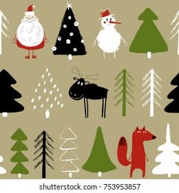 Funny Christmas seamless pattern with Santa Claus, snowman, deer, fox and trees. Hand drawn grunge brush winter holiday background. 