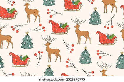 Engraçado Natal sem costura padrão em personagem de desenho animado na moda. Groovy Retro estilo y2k dos anos 70. Árvore Bonitinha, Mitten, Ramo Rowan, Papai Noel Sleigh, Floco De Neve, Homem De Pão De Gengibre, Renas. Ilustração vetorial.