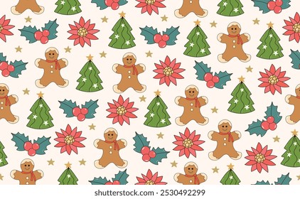 Patrón sin fisuras de Navidades divertidas en estilo moderno Groovy Retro 70s y2k. Personaje de dibujos animados de estilo retro. Lindo árbol, pan de jengibre, Poinsettia. Ilustración vectorial.	