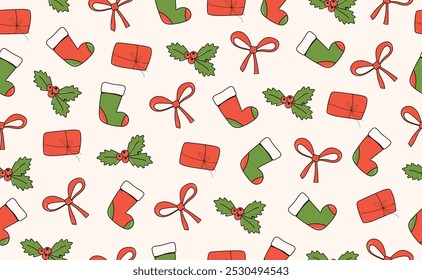 Funny Christmas seamless pattern in trendy Groovy Retro 70s style. Retro y2k style cartoon character. Cute gift, rowan branch, bow, Сhristmas sock. Vector illustration.	