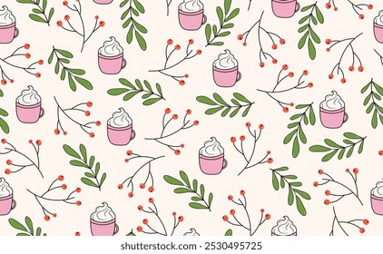 Funny Christmas seamless pattern in trendy Groovy Retro 70s y2k style. Retro style cartoon character. Cute rowan branch, hot cocoa drink. Vector illustration.	