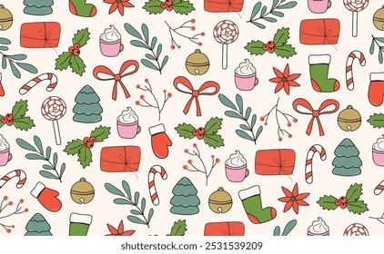 Engraçado Natal sem emenda padrão em moda Groovy Retro 70s estilo. Personagem de desenho animado estilo y2k retrô. Doces bonitos, árvore, presente, poinsettia, ramo rowan, sino, arco, bebida de cacau quente. Ilustração vetorial.