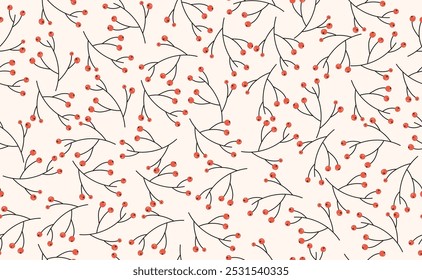 Funny Christmas seamless pattern in trendy Groovy Retro 70s style. Retro y2k style cartoon character. Cute rowan branch. Vector illustration.	