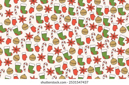Funny Christmas seamless pattern in trendy Groovy Retro 70s style. Retro y2k style cartoon character. Cute candy, poinsettia, bell, Сhristmas sock. Vector illustration