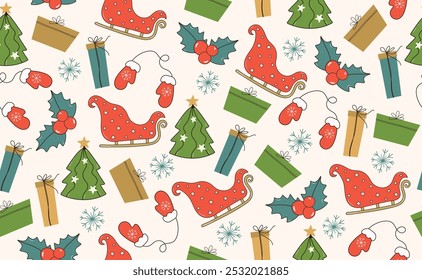 Funny Christmas seamless pattern in trendy Groovy Retro 70s y2k style. Retro cartoon character. Cute Christmas Tree, Poinsettia, Santa Claus Sleigh, Mittens, Gift Box, Snowflake. Vector illustration.