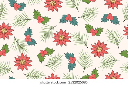 	
Funny Christmas seamless pattern in trendy Groovy Retro 70s y2k style. Retro style cartoon character. Cute poinsettia, Christmas tree branches. Vector illustration.	
