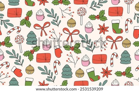 Funny Christmas seamless pattern in trendy Groovy Retro 70s style. Retro y2k style cartoon character. Cute candy, tree, gift, poinsettia, rowan branch, bell, bow, hot cocoa drink. Vector illustration.