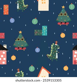 Funny Christmas seamless pattern. Winter holiday print. Vector hand drawn illustration.