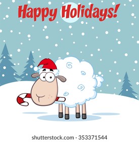 Funny Christmas Sheep Cartoon Character. Vector Illustration Greeting Card