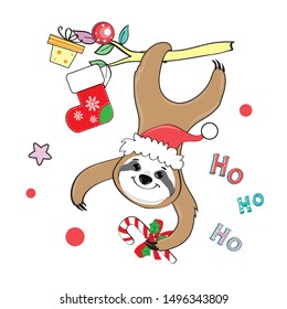 Funny christmas sloth and the inscription ho ho ho on a white background. Christmas card