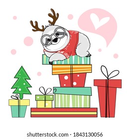 A funny Christmas sloth lies on the boxes of gifts. Postcard for the winter holidays. Cute vector animal