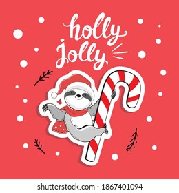 Funny Christmas sloth on a lollipop. Vector illustration of funny animals. Holly jolly lettering